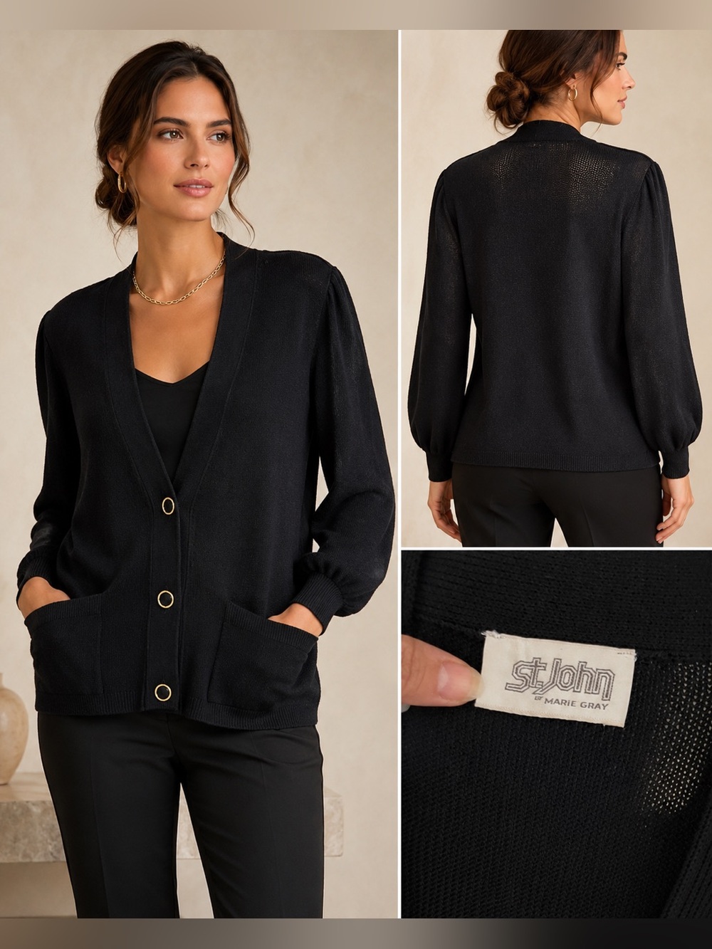 St. John Black V-Neck Button Cardigan Sweater size 12